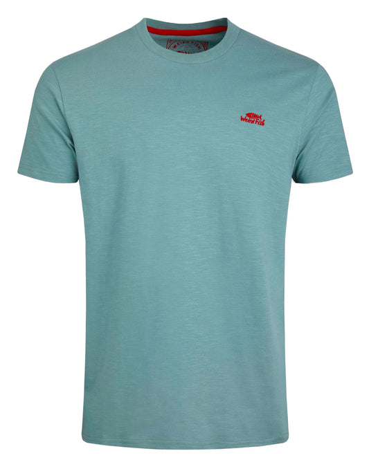 Weird Fish mens t-shirt blue with short sleeves and red logo on chest in classic fit