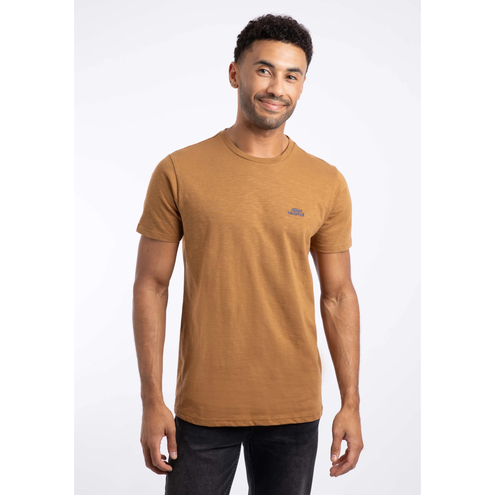 Front view of a Weird Fish mens t-shirt Fox brown casual crew neck short sleeve on male model