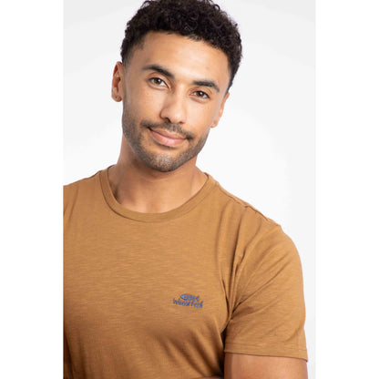 Weird Fish mens t-shirt Fox brown with crew neck and small logo on chest worn by man