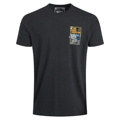 Navy t-shirt with a graphic design on the chest against a white background