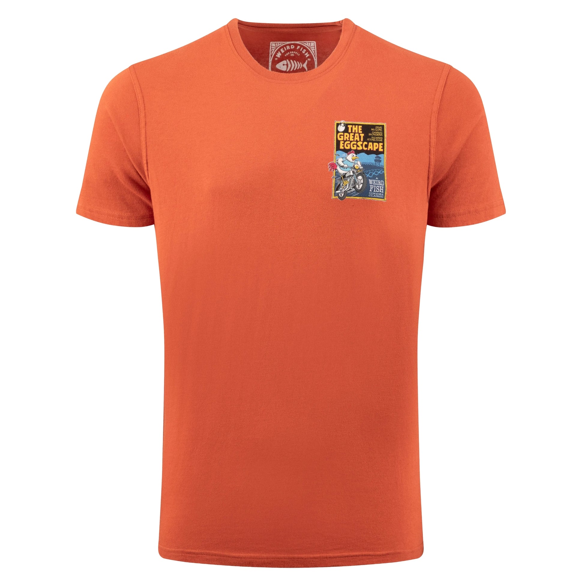 Orange t-shirt with a graphic on the chest against a white background