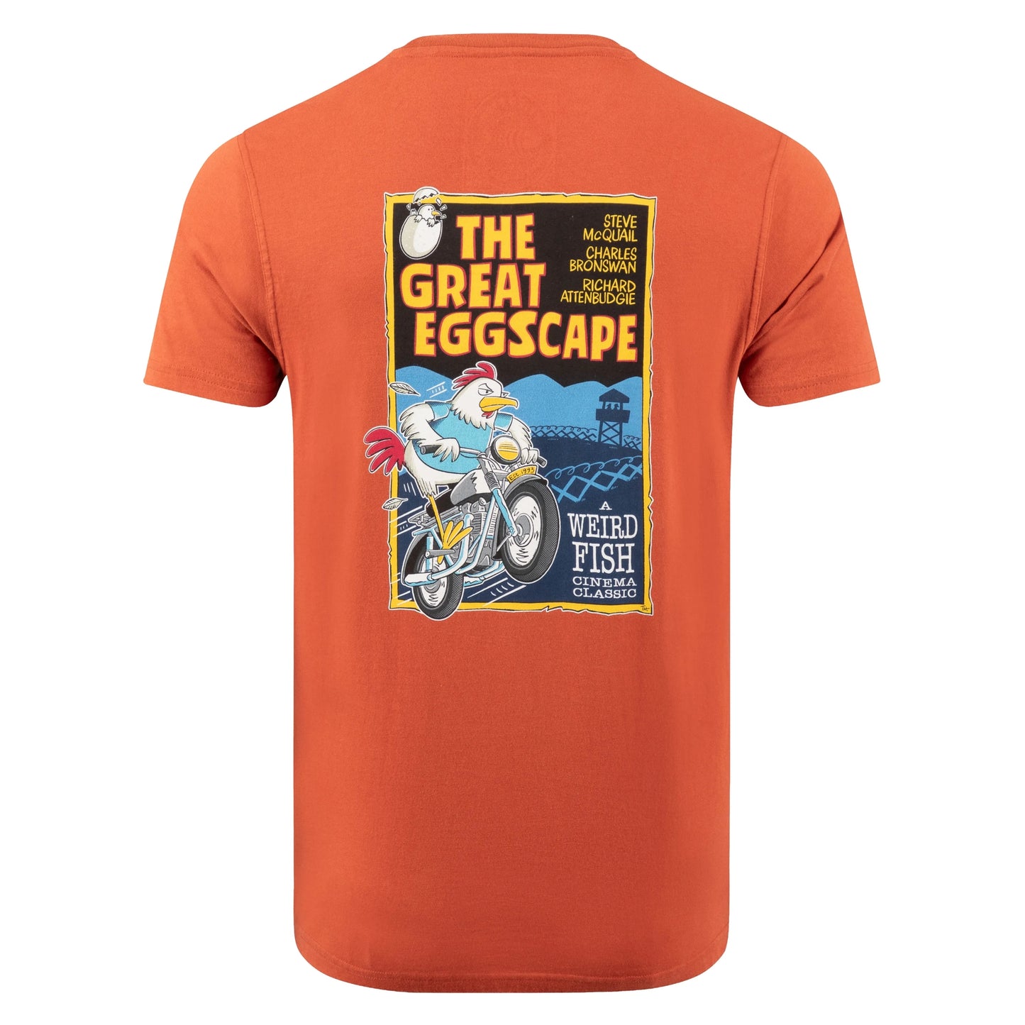 Orange t-shirt with a graphic design of a chicken on a motorcycle and text 'The Great Eggscape' on a white background.
