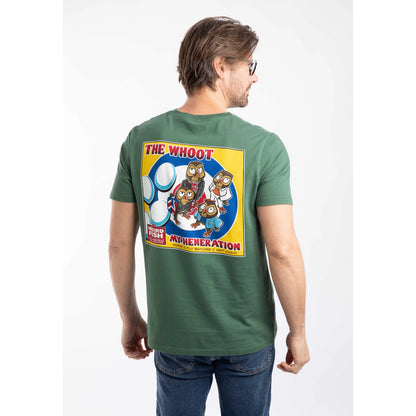 Back view of a man wearing a Weird Fish short sleeve The Whoot 'My Heneration' printed t-shirt in Dusky Green