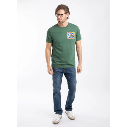 Man wearing a Weird Fish short sleeve The Whoot 'My Heneration' printed t-shirt in Dusky Green with blue jeans and trainers