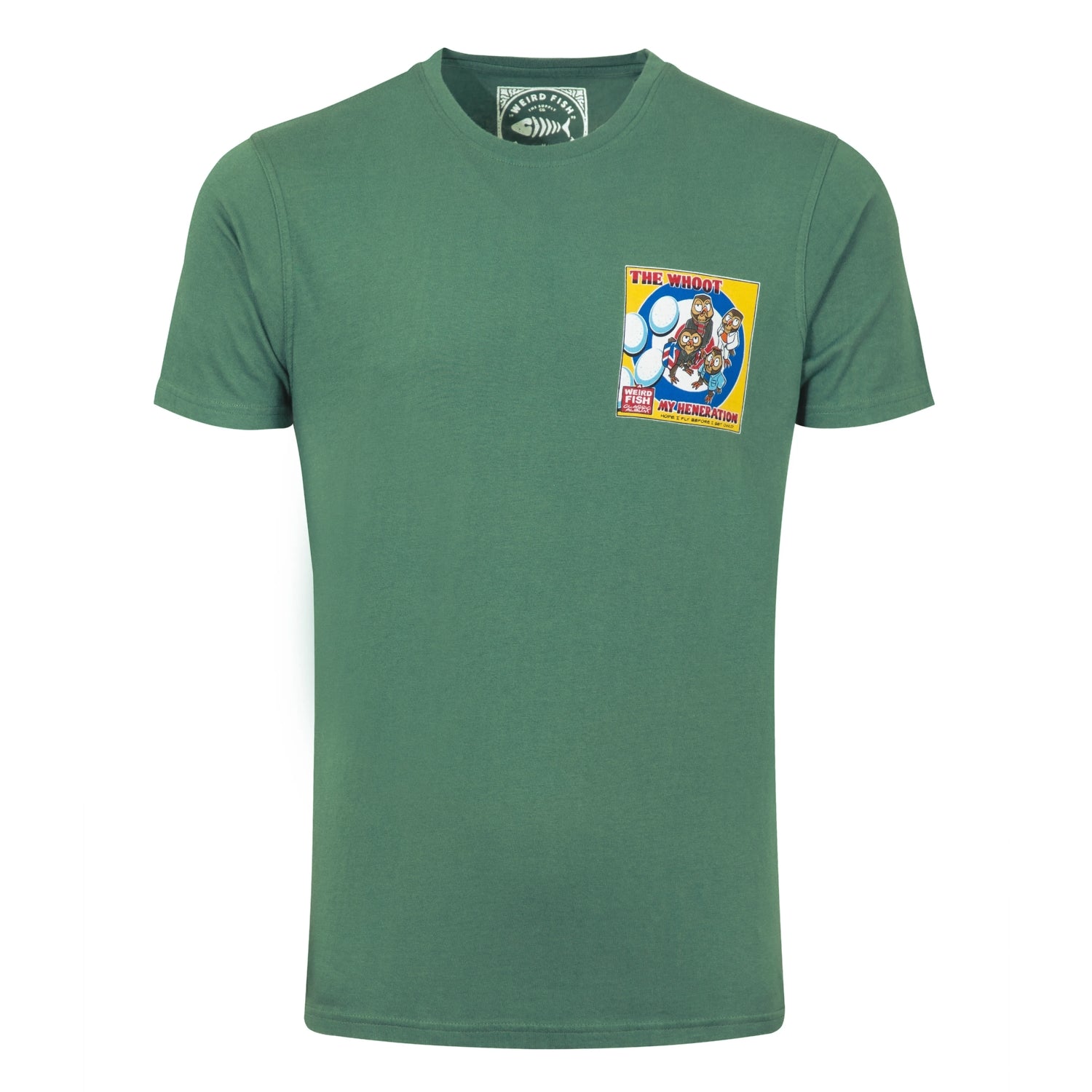Front view of a Weird Fish men's short sleeve The Whoot 'My Heneration' printed t-shirt in Dusky Green