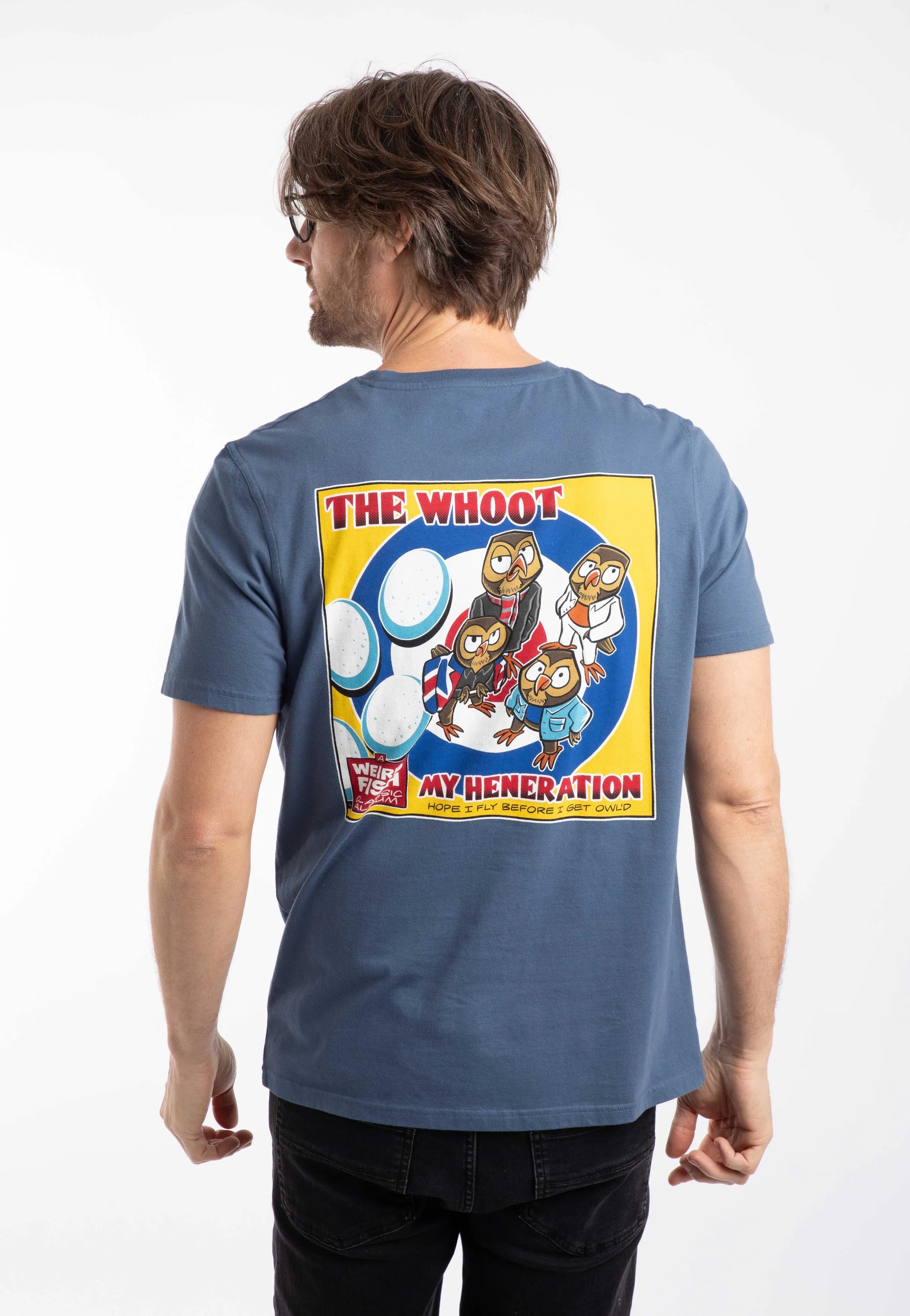 Back view of a man wearing a Weird Fish short sleeve The Whoot 'My Heneration' printed t-shirt in Ensign Blue.