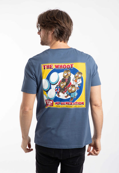 Back view of a man wearing a Weird Fish short sleeve The Whoot 'My Heneration' printed t-shirt in Ensign Blue.