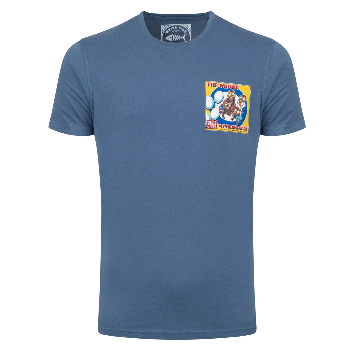 Front view of a Weird Fish men's short sleeve The Whoot 'My Heneration' printed t-shirt in Ensign Blue.