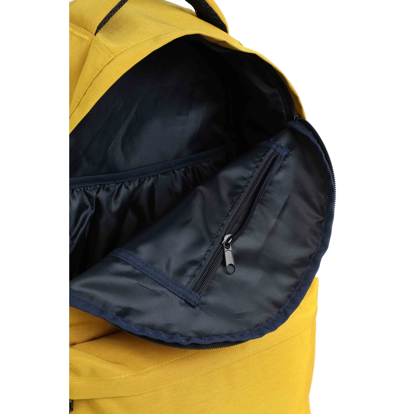 Closeup view of a Weird Fish Nevis backpack in yellow, showing an internal zip pocket and laptop pouch sleeve on a white background.
