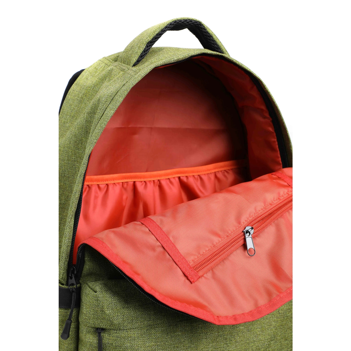 Green Weird Fish backpack with orange interior, zip pocket and laptop sleeve on a white background