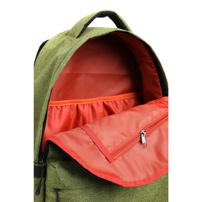 Green Weird Fish backpack with orange interior, zip pocket and laptop sleeve on a white background