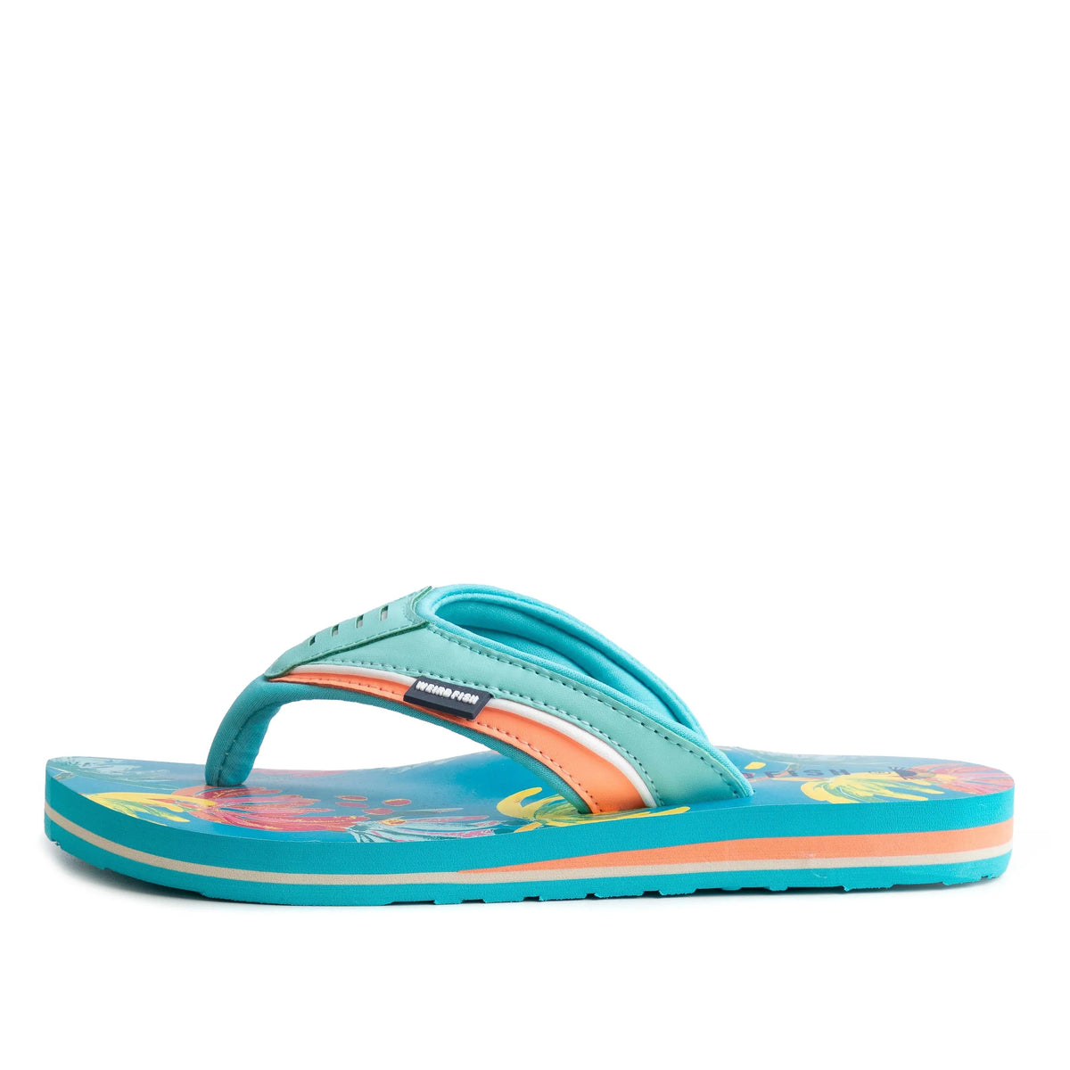 Side view of a Weird Fish women's Thurleston flip flop in Azure Blue, with a bright abstract floral pattern on the footbed.