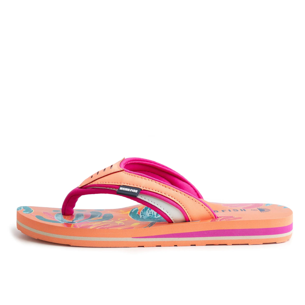 Side view of a Weird Fish women's Thurleston flip flop in Sorbet Orange, with a bright abstract floral pattern on the footbed.