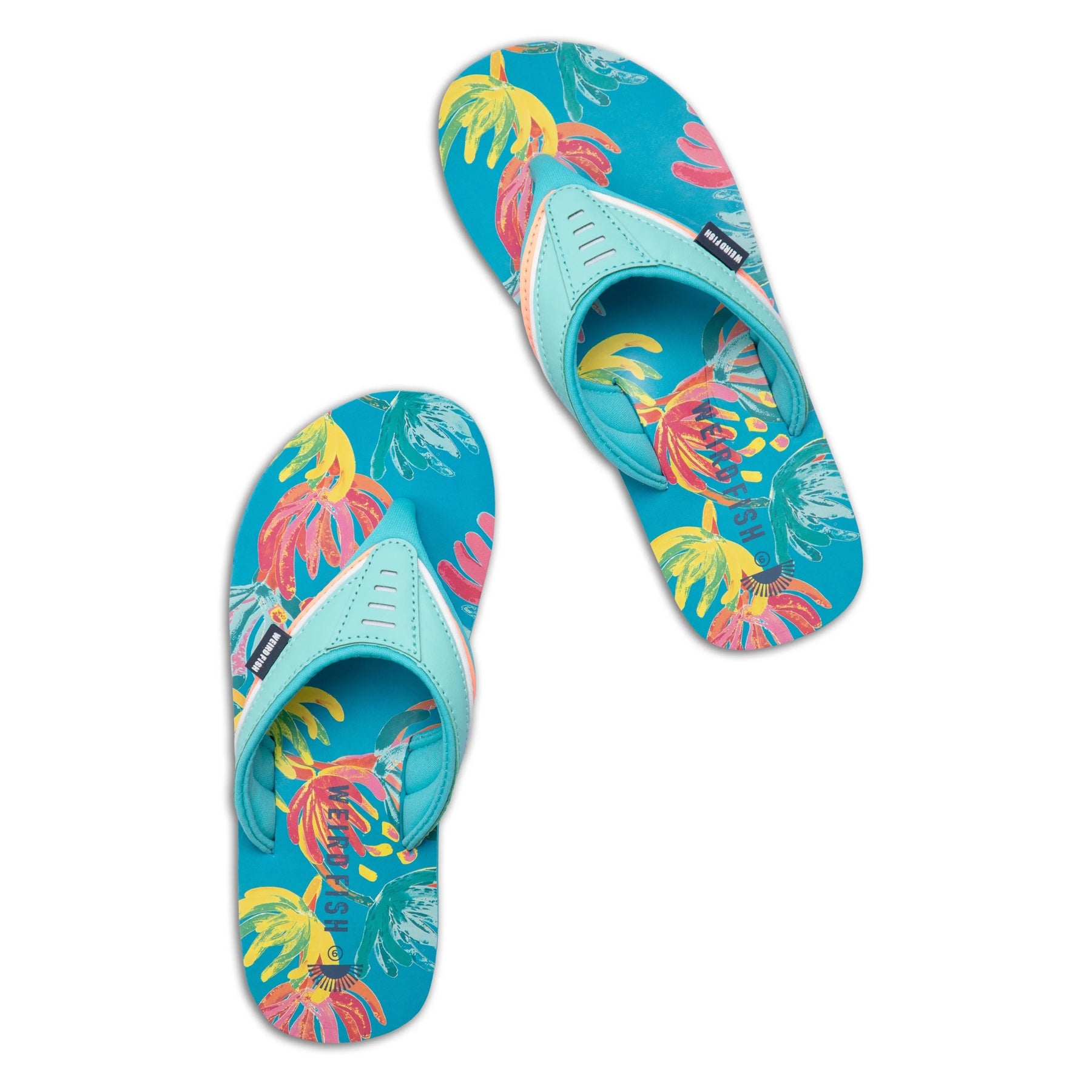 Top view of a pair of Weird Fish women's Thurleston flip flops in Azure Blue, with a bright abstract floral pattern on the footbed.
