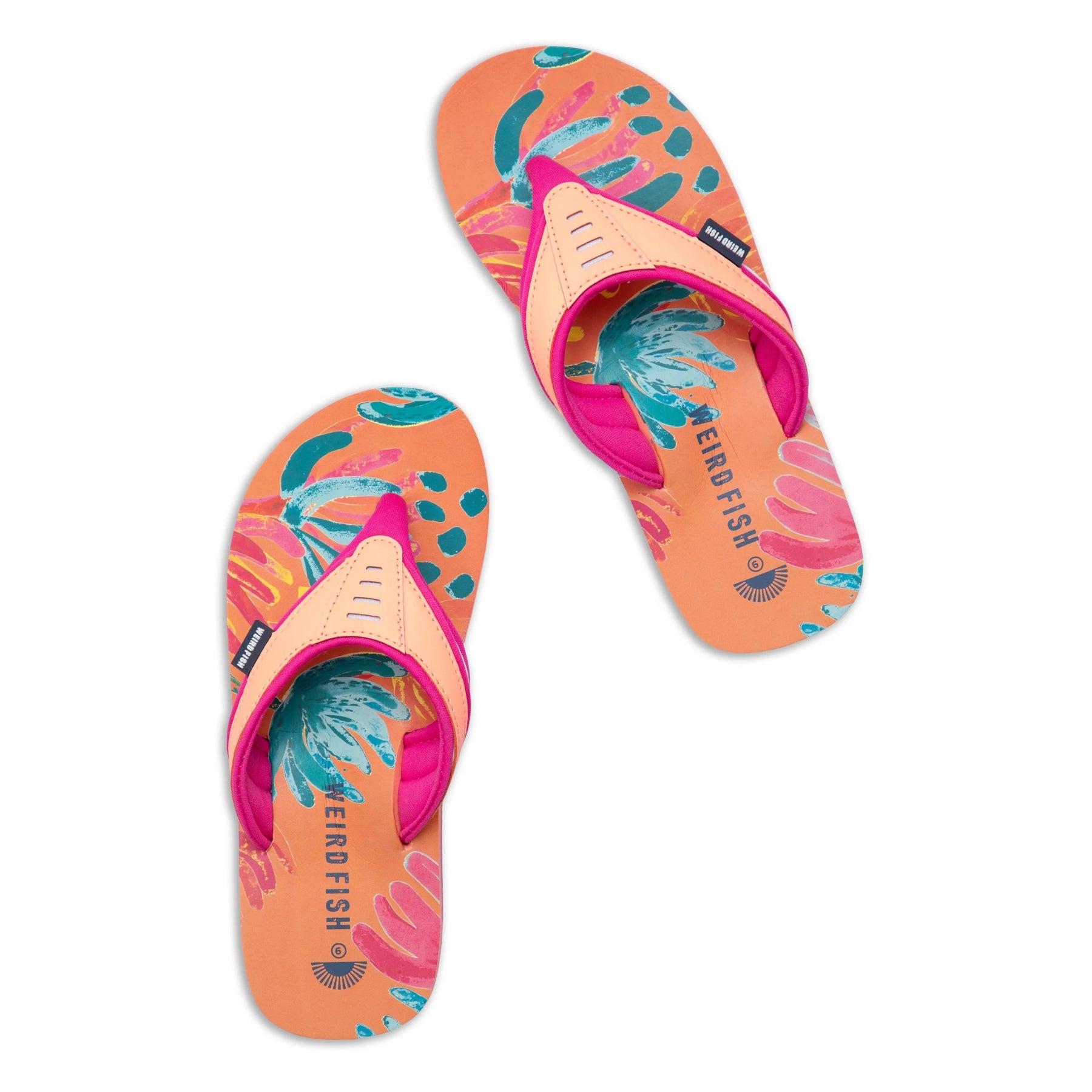 Top view of a pair of Weird Fish women's Thurleston flip flops in Sorbet Orange, with a bright abstract floral pattern on the footbed.