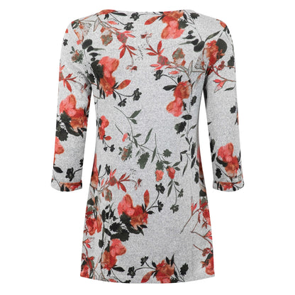Back view of a womens Weird Fish floral Sidney 3/4 sleeve tunic in grey with a floral red and green pattern on a white background