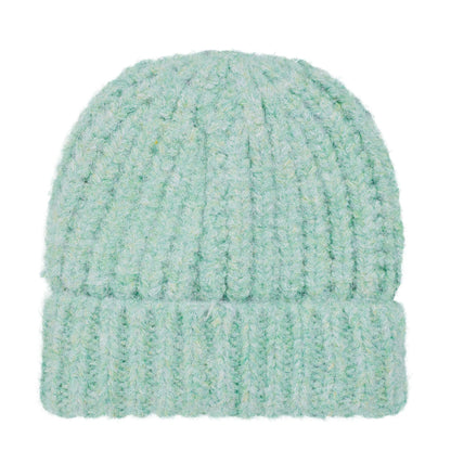 Back view of a Weird Fish knitted Clare beanie in Sea Mist turquoise on a white background