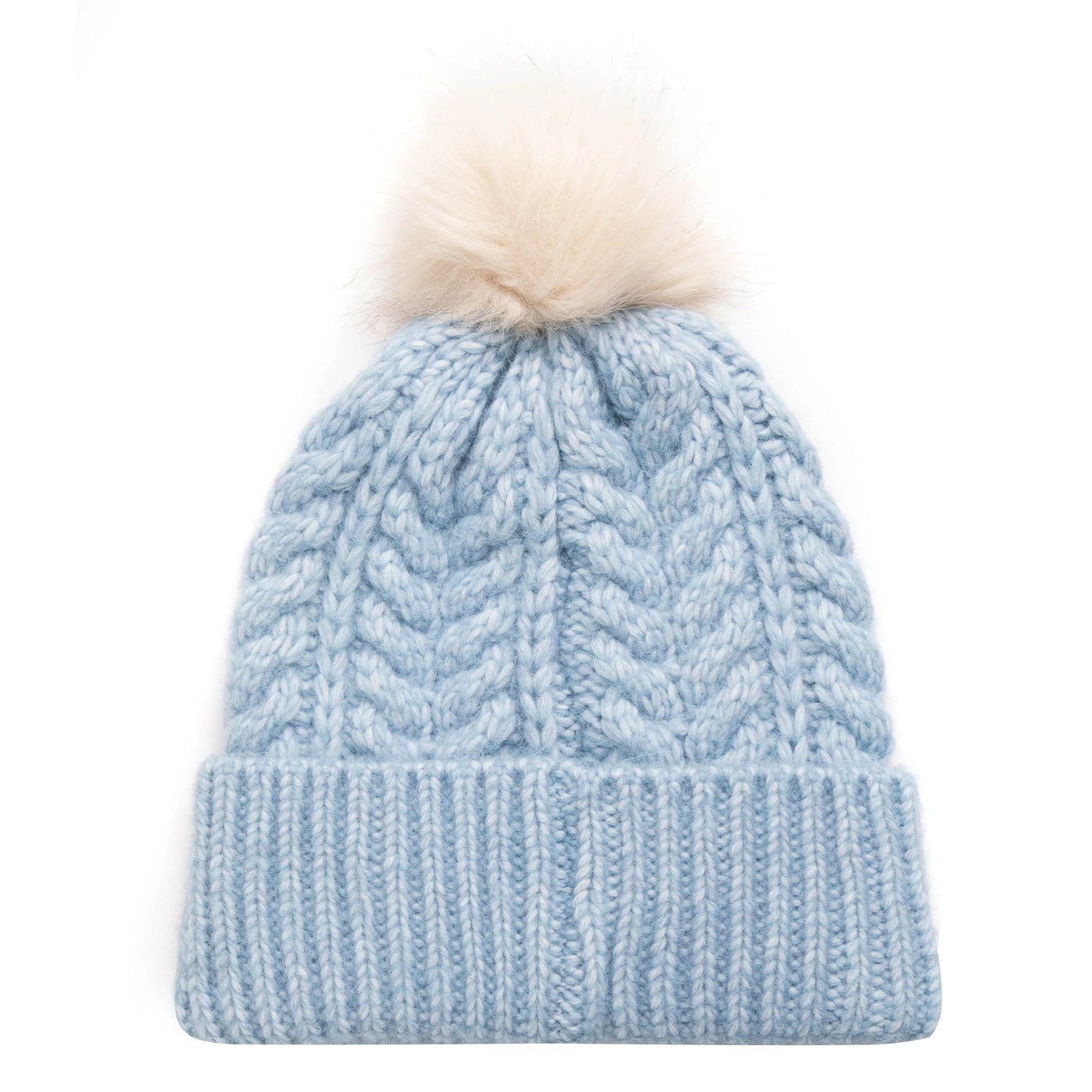 Light blue Weird Fish Allerton cable knit beanie with a faux fur pom-pom on a white background