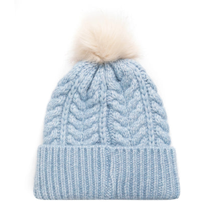 Light blue Weird Fish Allerton cable knit beanie with a faux fur pom-pom on a white background