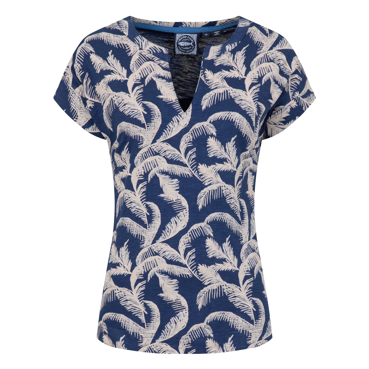 Front view of a womens Weird Fish Alia short sleeve notch neck t-shirt in Ink blue with an ecru palm tree leaf pattern on a white background