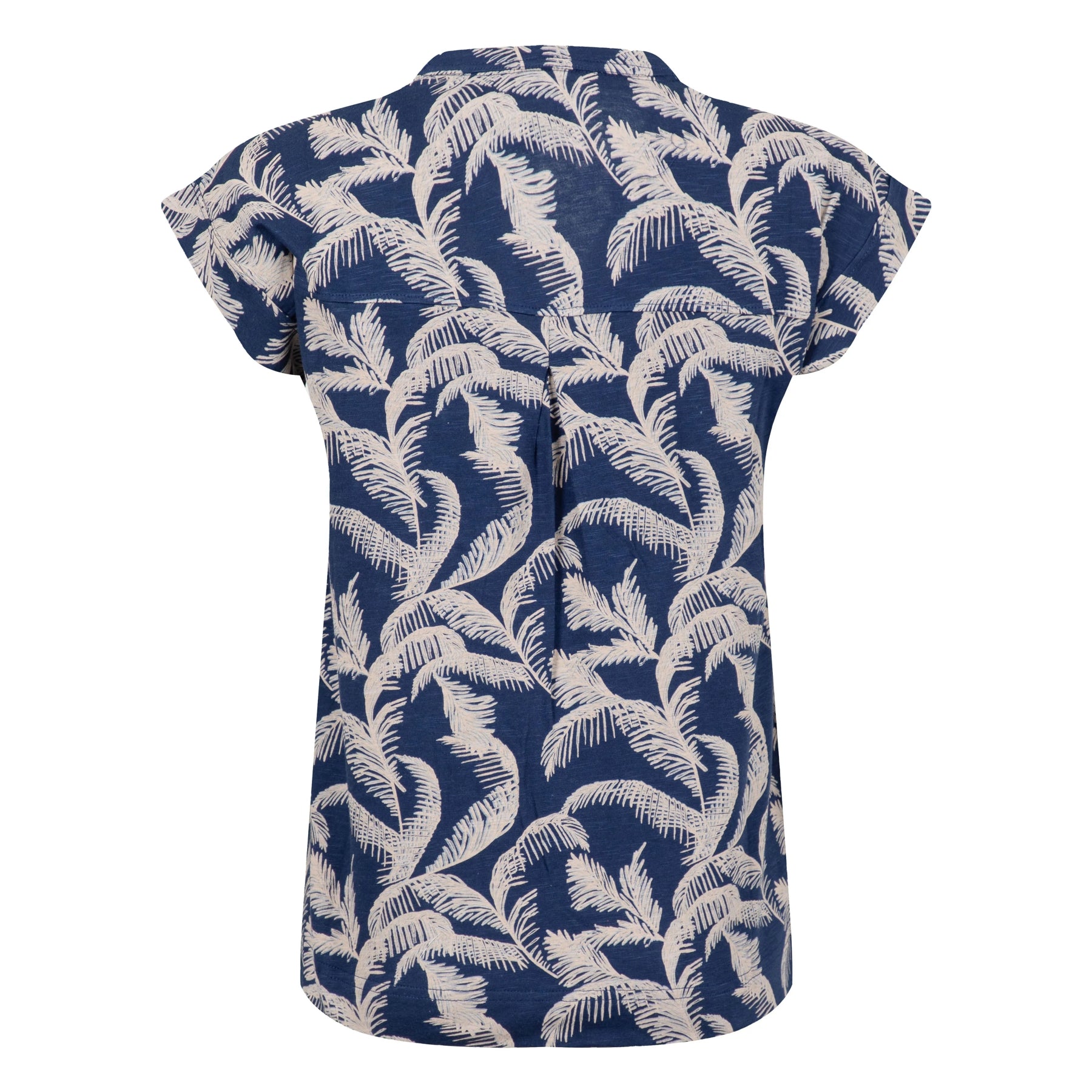 Back view of a womens Weird Fish short sleeve Alia t-shirt in Ink blue with an ecru palm tree pattern on a white background