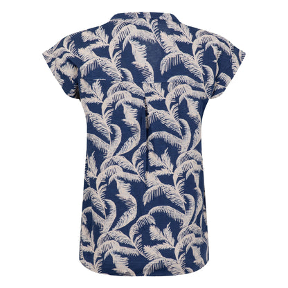 Back view of a womens Weird Fish short sleeve Alia t-shirt in Ink blue with an ecru palm tree pattern on a white background