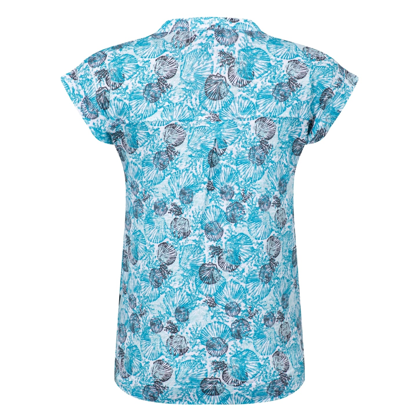 Back view of a womens Weird Fish shell print Alia t-shirt in Ocean Blue on a white background