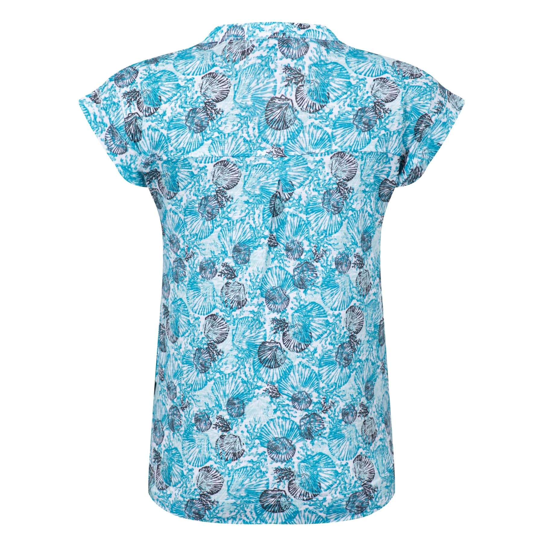 Back view of a womens Weird Fish shell print Alia t-shirt in Ocean Blue on a white background