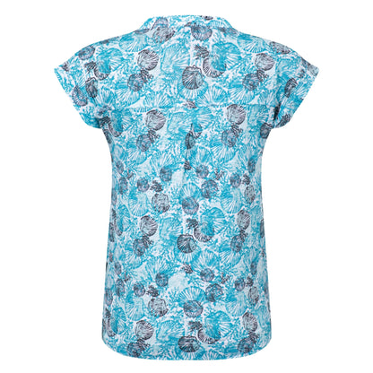 Back view of a womens Weird Fish shell print Alia t-shirt in Ocean Blue on a white background