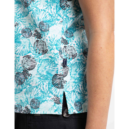 Close-up of a womens Weird Fish Alia t-shirt with a shell pattern on a white background