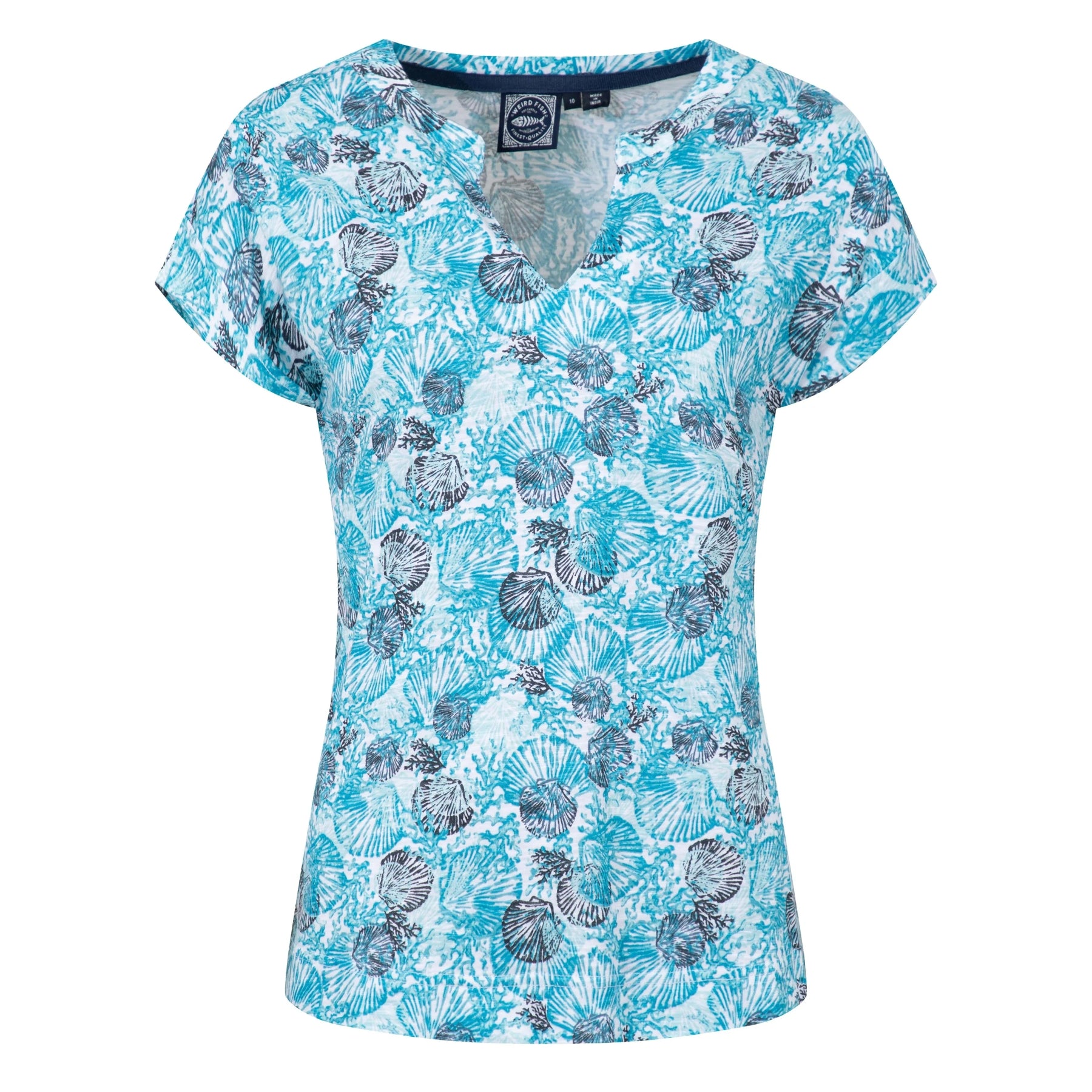 Front View of a womens Weird Fish Alia short sleeve t-shirt in Ocean Blue with a shell pattern and notch neckline on a white background