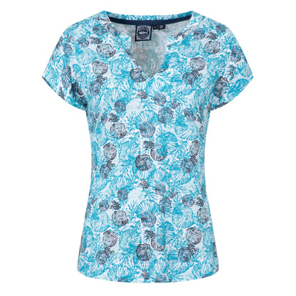 Front View of a womens Weird Fish Alia short sleeve t-shirt in Ocean Blue with a shell pattern and notch neckline on a white background