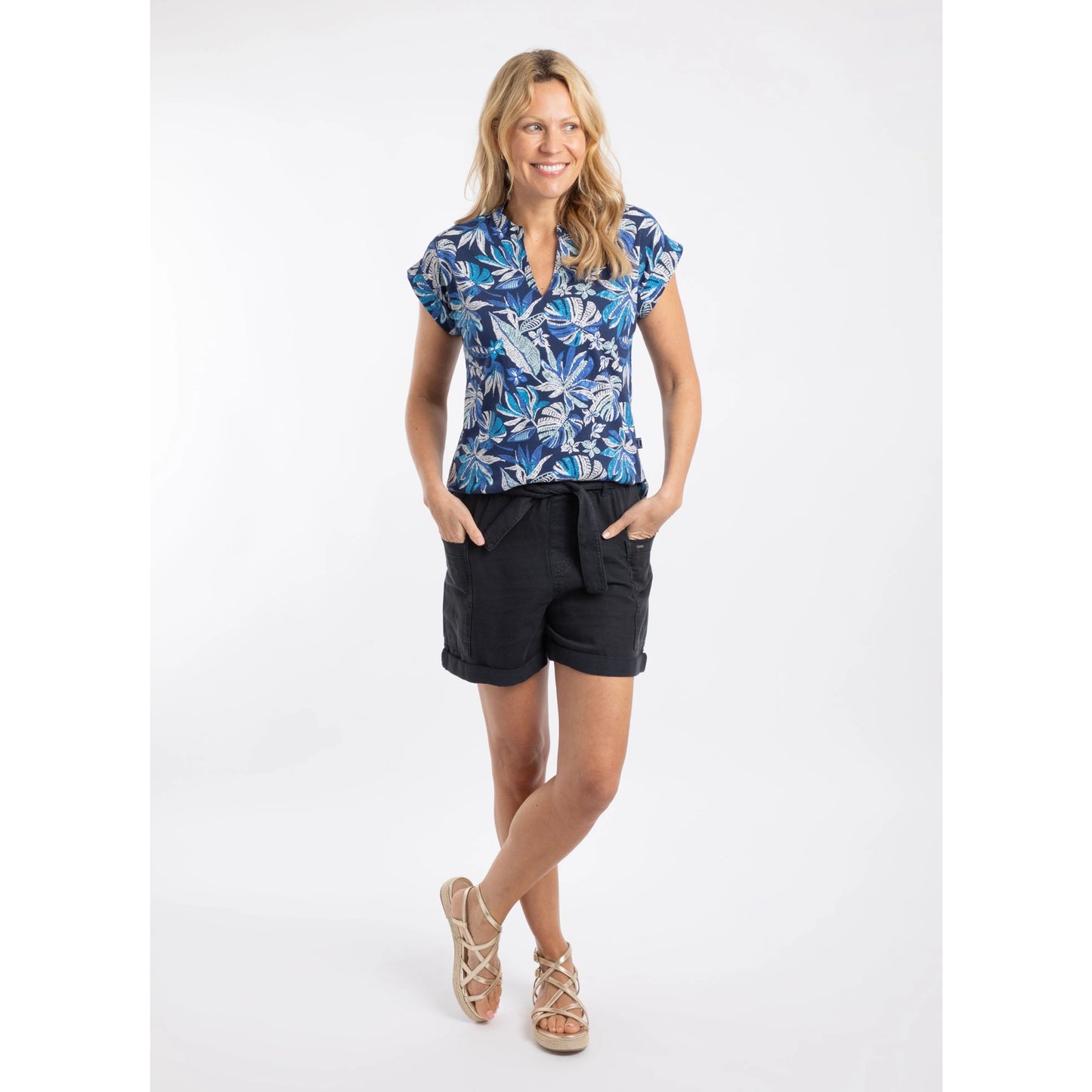 Weird Fish Womens Alia Tropical Print Jersey T-Shirt - Blue Indigo