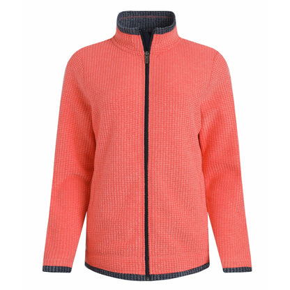 Weird Fish womens Ariana full zip grid fleece coral with navy trim and stand collar for warmth