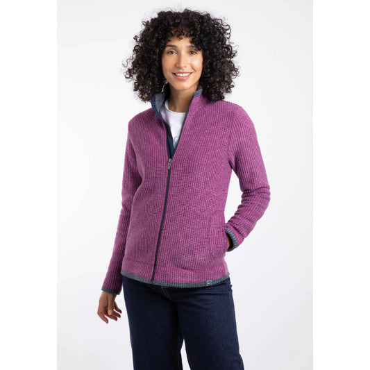 Front view of a Weird Fish womens Ariana grid fleece purple wine zip-up jacket with long sleeves and textured fabric