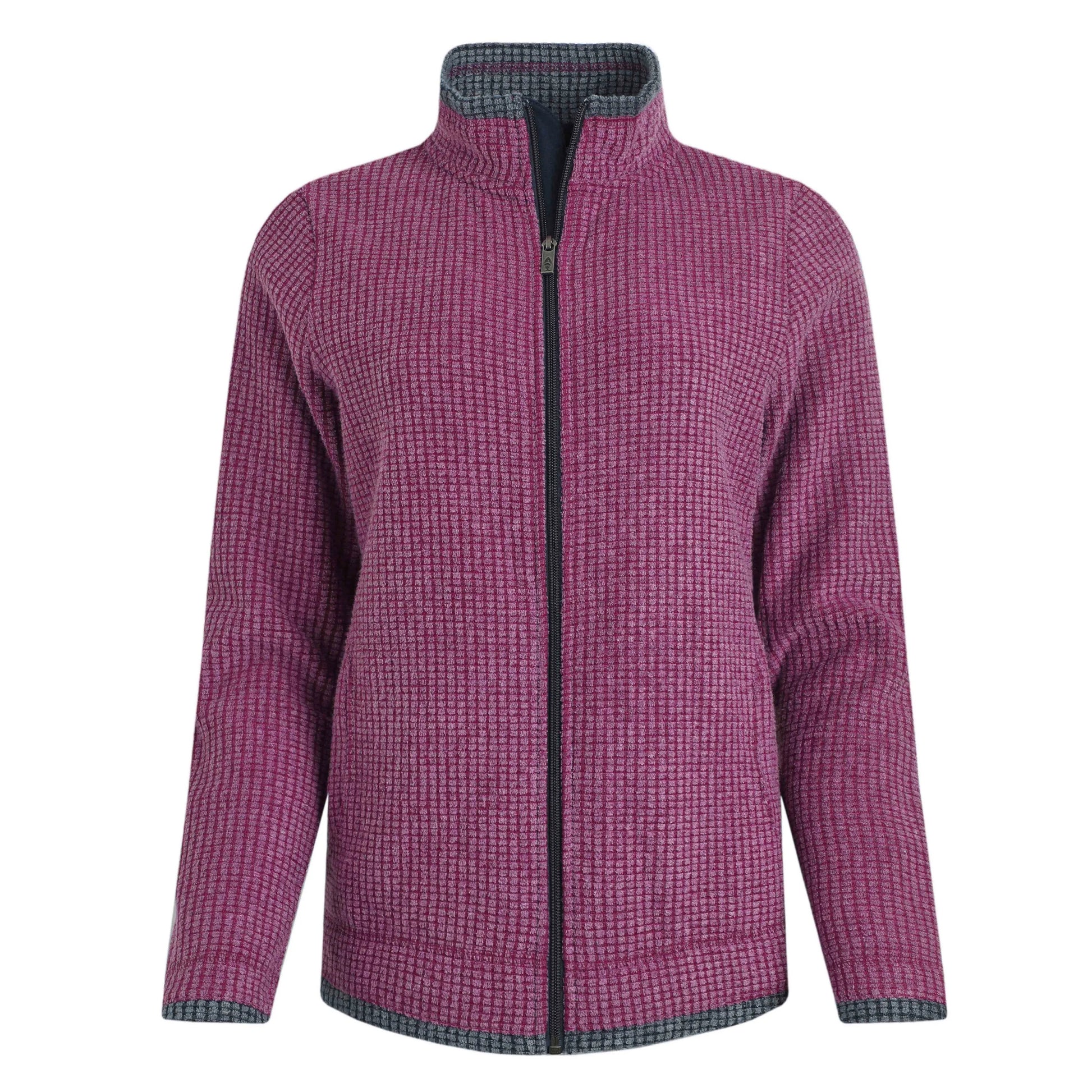 Weird Fish womens Ariana grid fleece purple wine full zip fleece jacket with high neck and long sleeves
