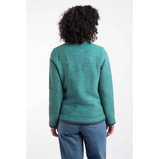 Back view of Weird Fish Ariana womens zip grid fleece green worn by model with curly hair and blue jeans