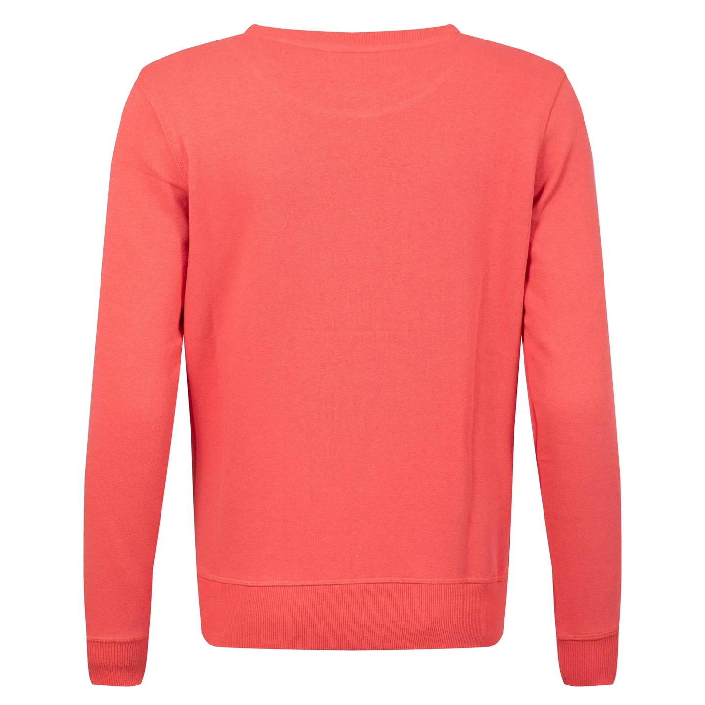Back view of a Weird Fish women's Aurora crew neck sweatshirt in a bright coral colour.