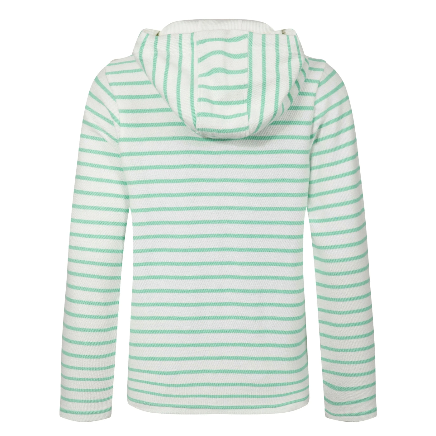 Back view of a women's Weird Fish Catalina full zip loopback hoodie in an Apple Mint green and white stripe pattern
