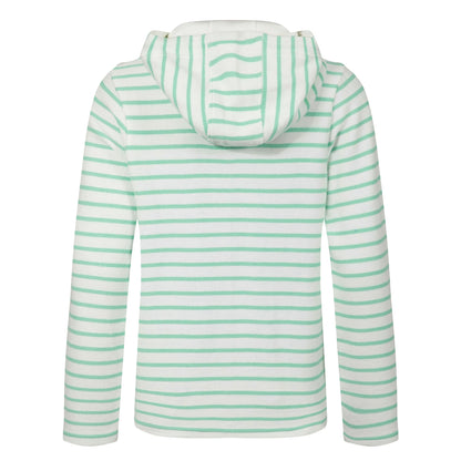 Back view of a women's Weird Fish Catalina full zip loopback hoodie in an Apple Mint green and white stripe pattern