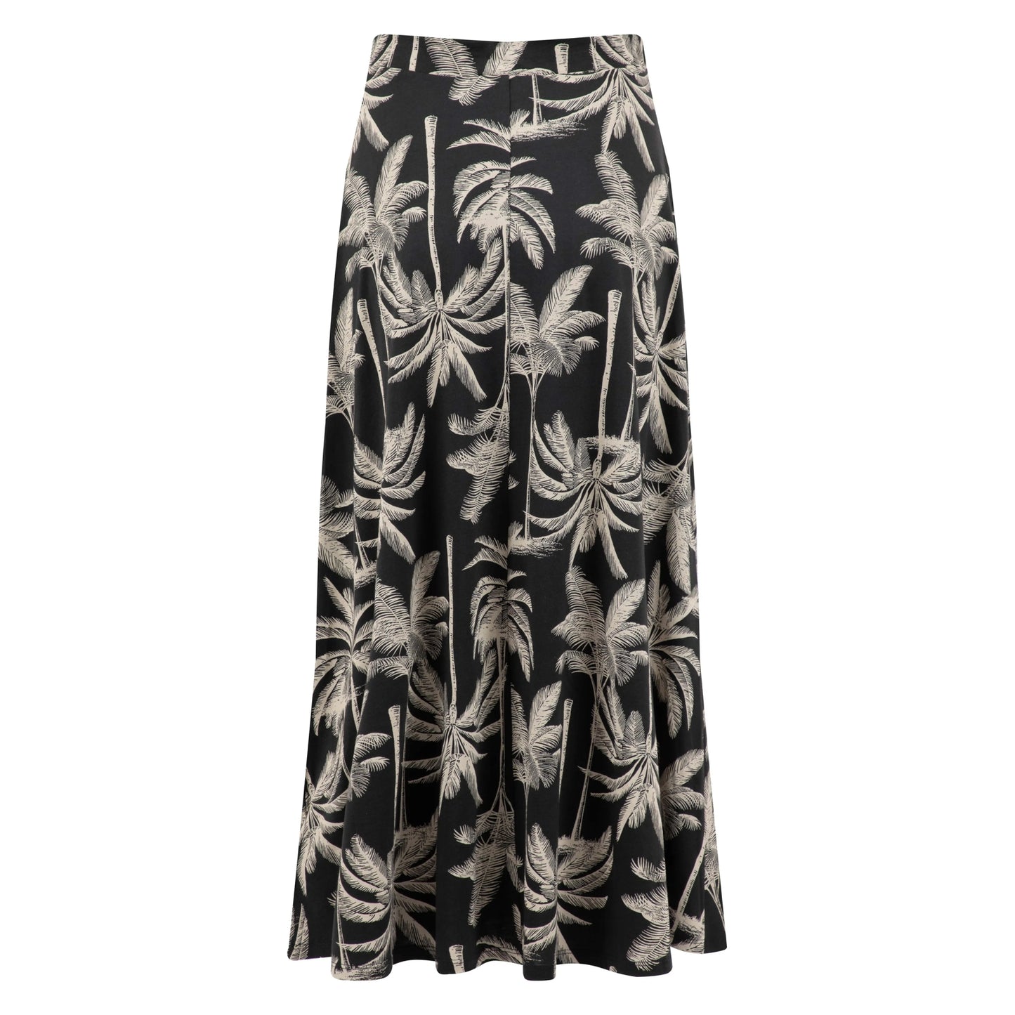 Back view of a womens Weird Fish Eloriah midi jersey skirt in black with a beige palm tree pattern.