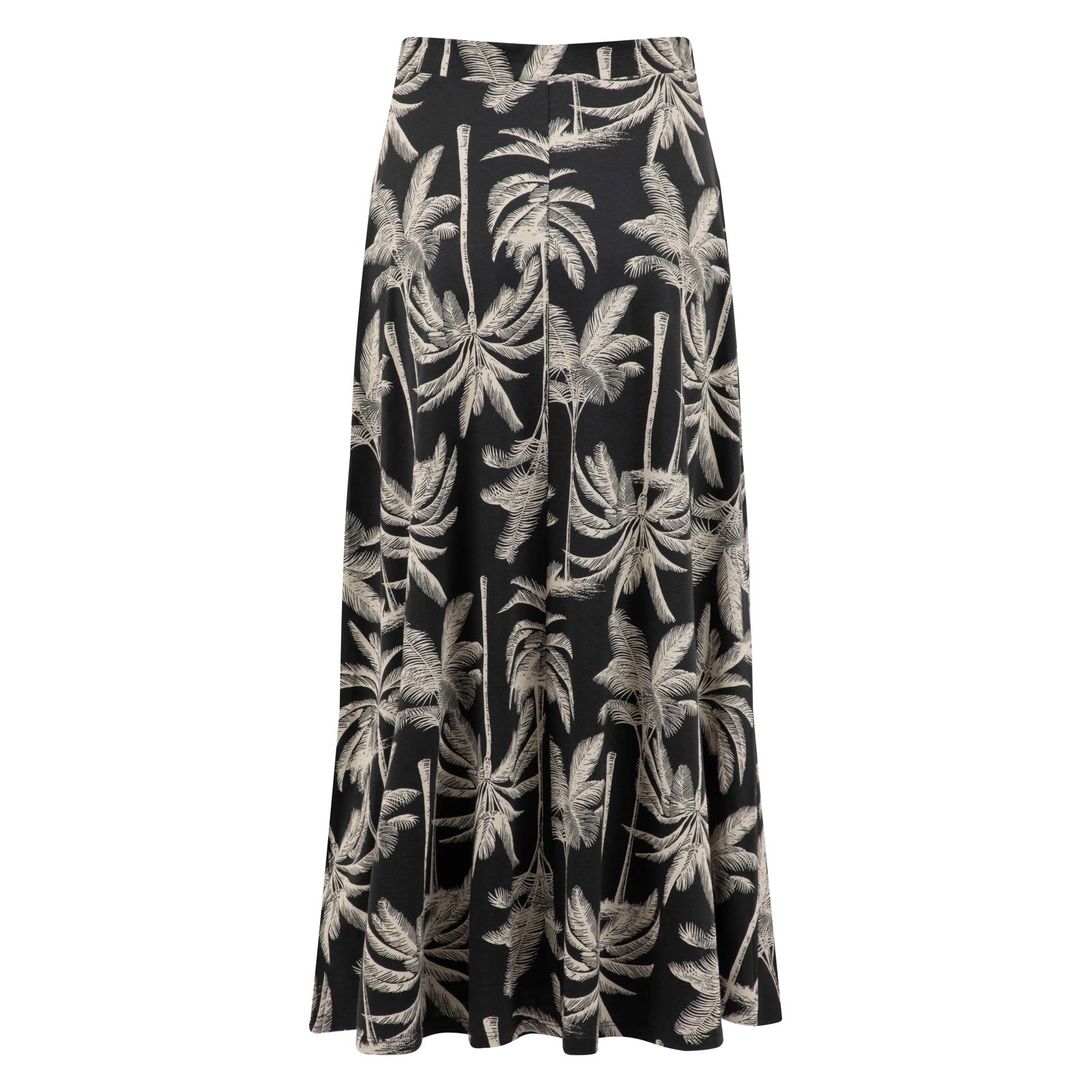 Back view of a womens Weird Fish Eloriah midi jersey skirt in black with a beige palm tree pattern.