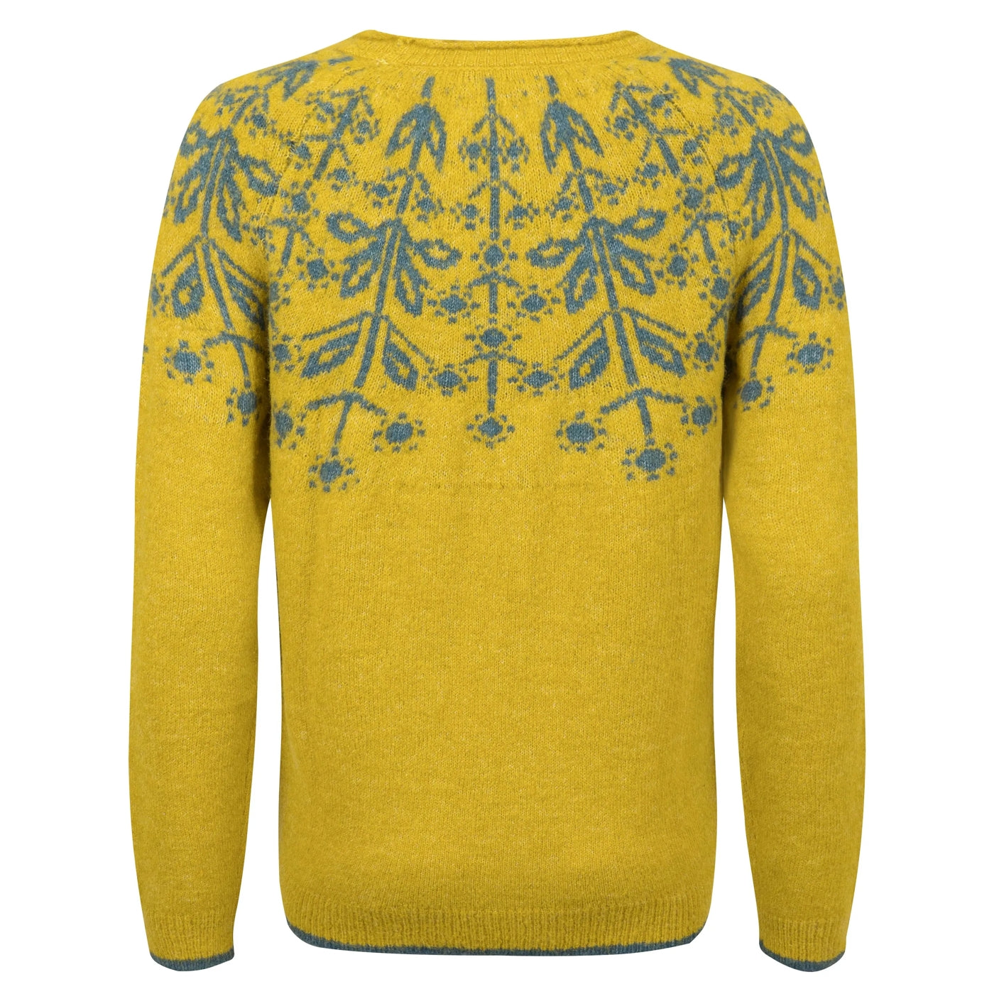 Back view of a yellow Weird Fish womens knitted jumper with a green Fair Isle pattern on a white background