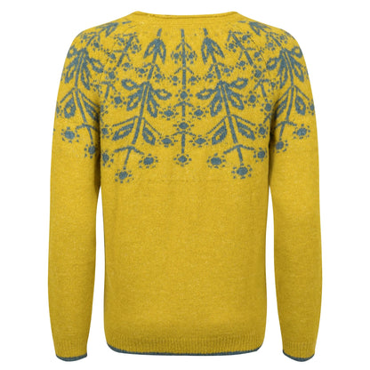 Back view of a yellow Weird Fish womens knitted jumper with a green Fair Isle pattern on a white background