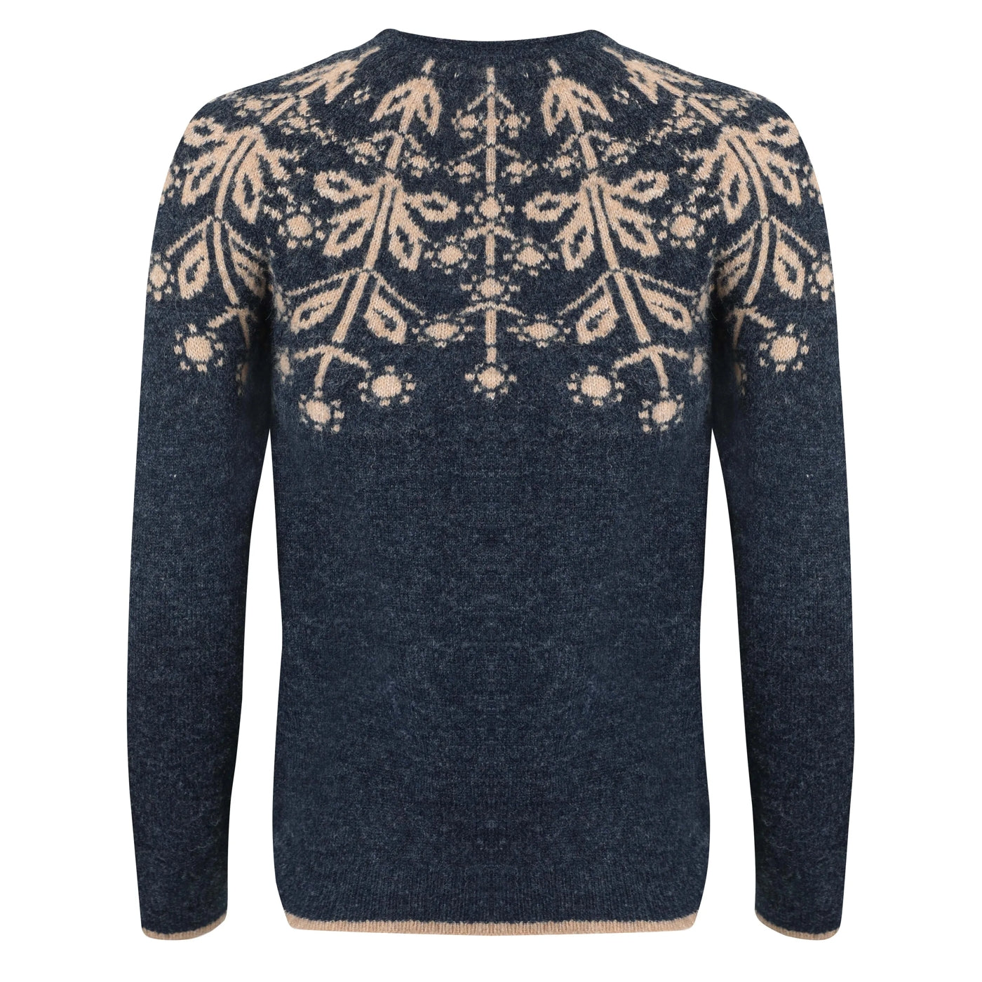 Back view of a navy blue Weird Fish womens knitted jumper with a beige Fair Isle pattern on a white background