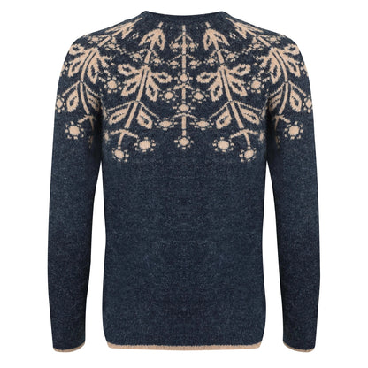 Back view of a navy blue Weird Fish womens knitted jumper with a beige Fair Isle pattern on a white background
