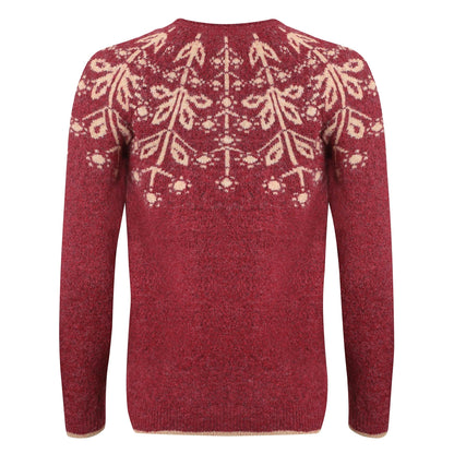 Back view of a rhubarb red Weird Fish womens knitted jumper with a beige Fair Isle pattern on a white background
