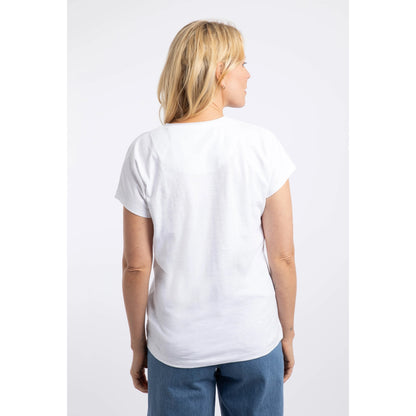 Back view of a woman wearing a Weird Fish short sleeve Take the Lead t-shirt in white with five dogs printed across the chest.