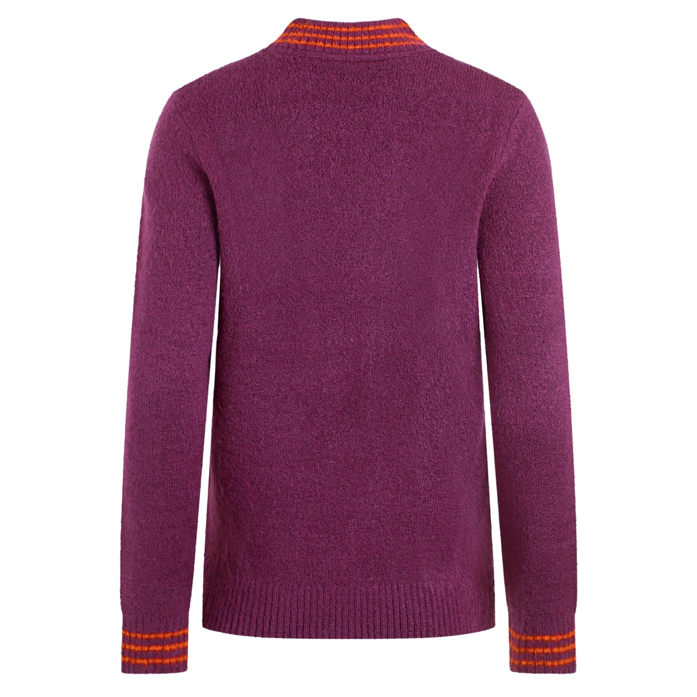 Back view of a womens Weird Fish Dawkins knitted Beet Purple jumper with red accents on a white background