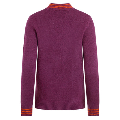 Back view of a womens Weird Fish Dawkins knitted Beet Purple jumper with red accents on a white background